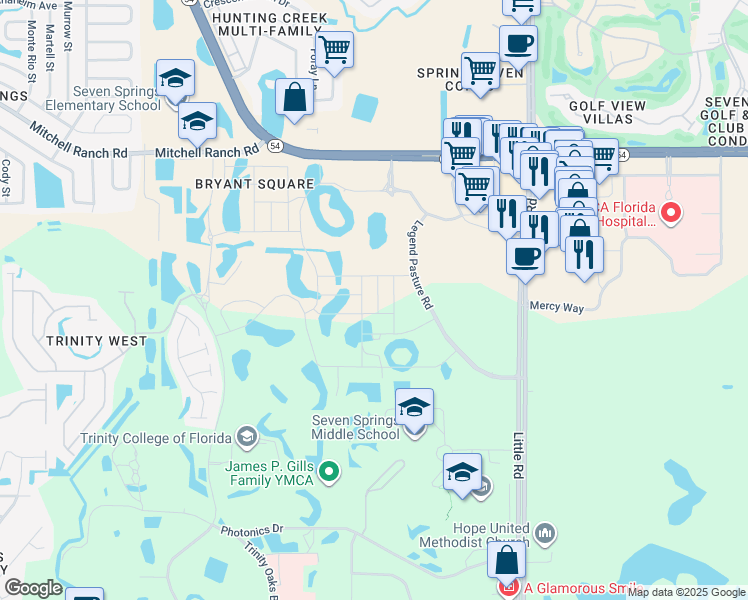 map of restaurants, bars, coffee shops, grocery stores, and more near Campus Woods Way in Pasco County