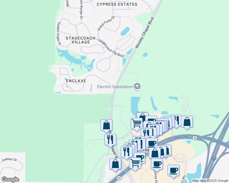 map of restaurants, bars, coffee shops, grocery stores, and more near Wesley Chapel Blvd in Pasco
