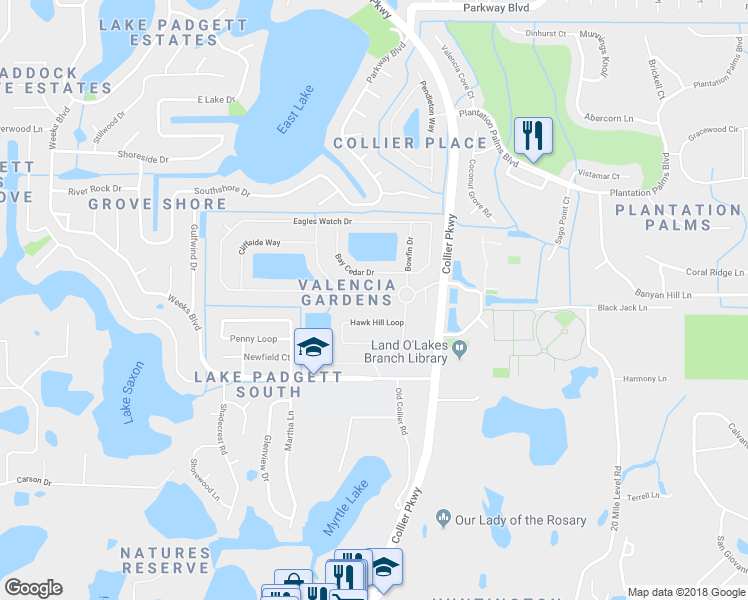 map of restaurants, bars, coffee shops, grocery stores, and more near 22920 Killington Boulevard in Land O' Lakes