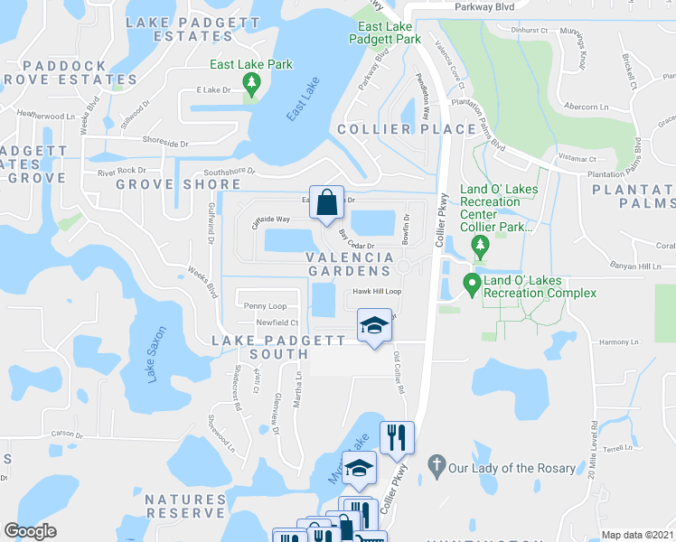 map of restaurants, bars, coffee shops, grocery stores, and more near 22824 Killington Boulevard in Land O' Lakes