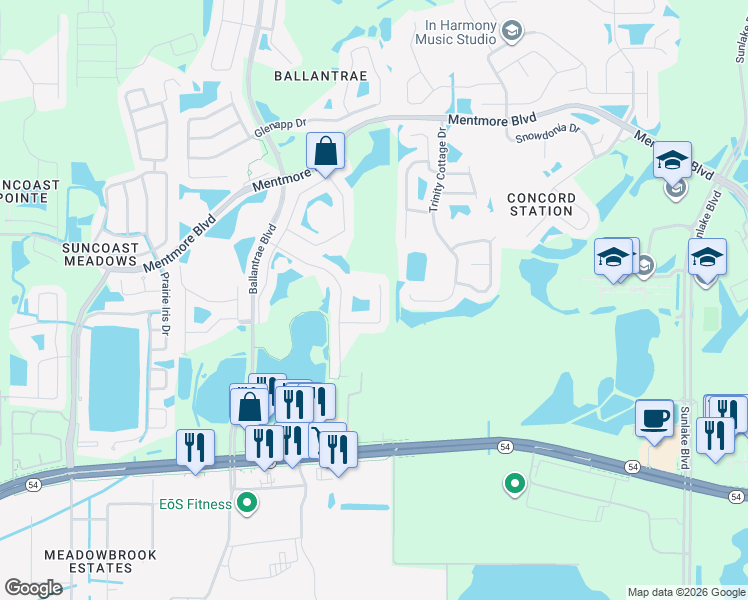 map of restaurants, bars, coffee shops, grocery stores, and more near 17949 Cunningham Court in Land O' Lakes