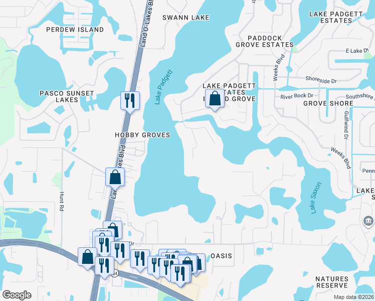 map of restaurants, bars, coffee shops, grocery stores, and more near 2927 Rain Forest Place in Land O' Lakes