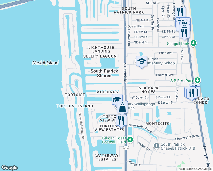 map of restaurants, bars, coffee shops, grocery stores, and more near 424 Saint Georges Court in Satellite Beach