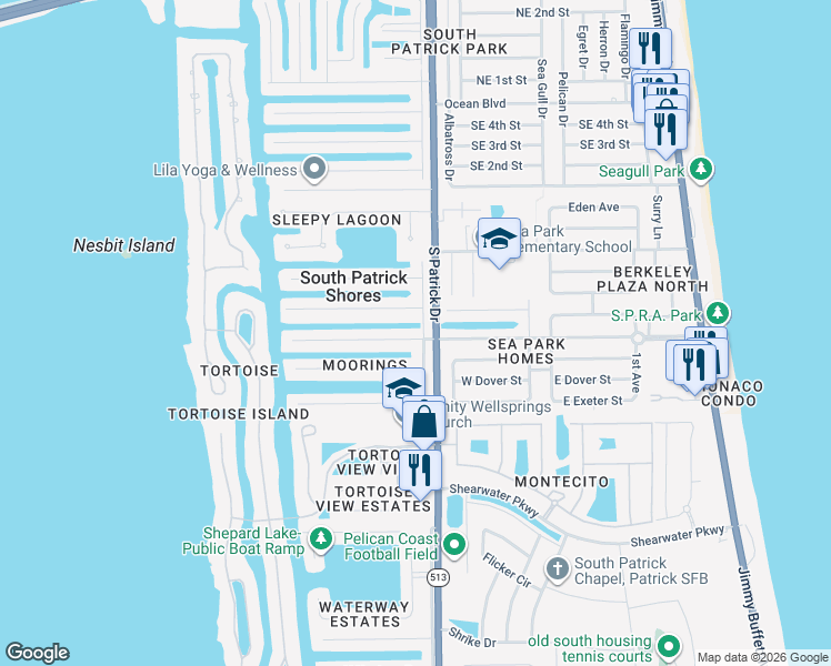 map of restaurants, bars, coffee shops, grocery stores, and more near 510 Jolly Roger Drive in Satellite Beach