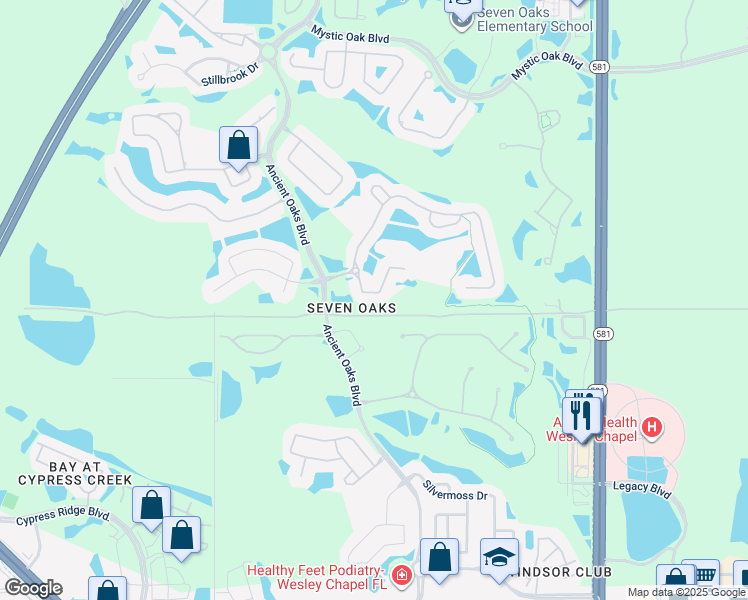 map of restaurants, bars, coffee shops, grocery stores, and more near 27348 Mistflower Drive in Wesley Chapel