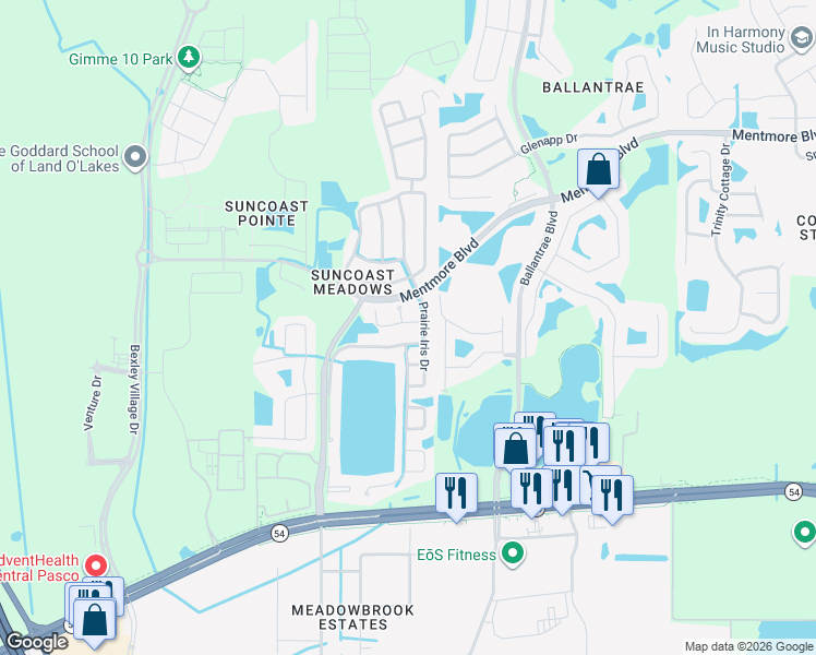 map of restaurants, bars, coffee shops, grocery stores, and more near 17336 Whisper Breeze Way in Land O' Lakes