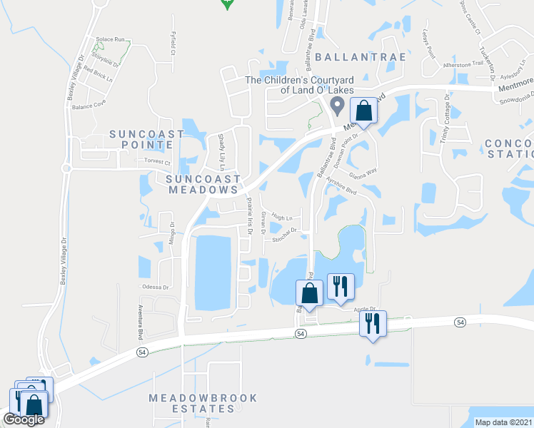 map of restaurants, bars, coffee shops, grocery stores, and more near 2936 Girvan Drive in Land O' Lakes