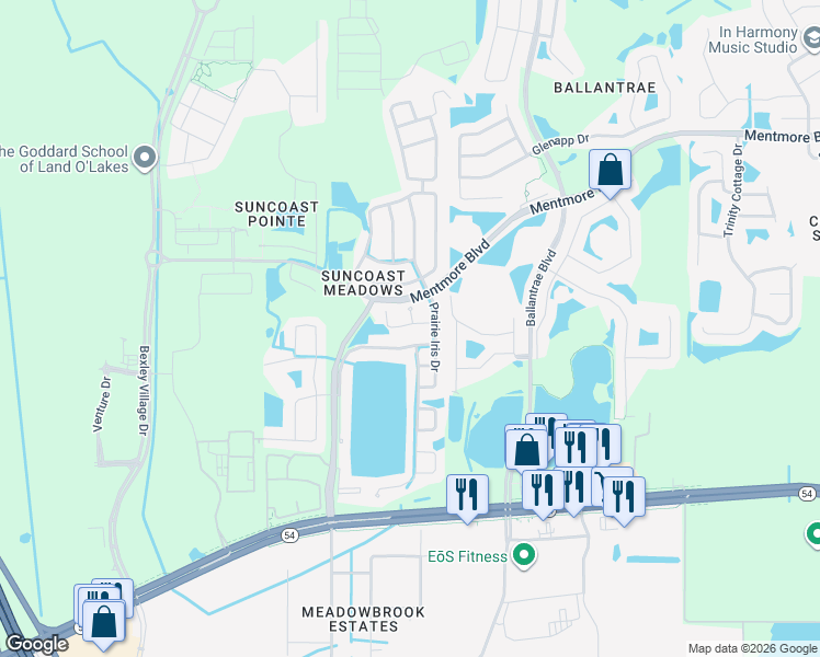 map of restaurants, bars, coffee shops, grocery stores, and more near 17344 Blooming Fields Drive in Land O' Lakes