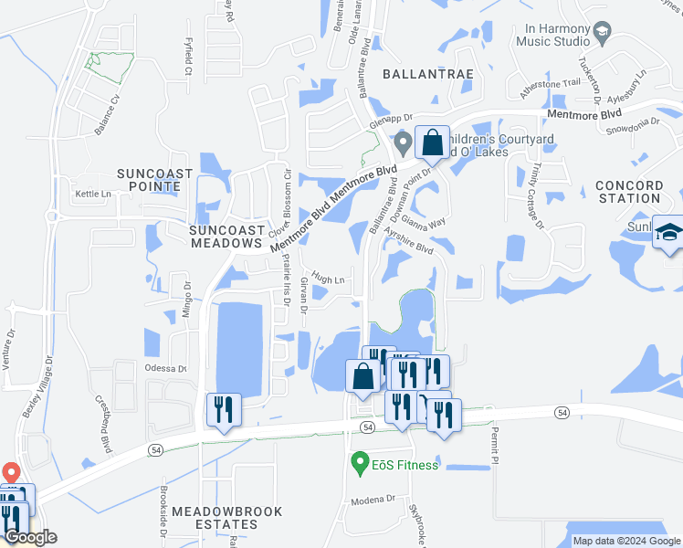 map of restaurants, bars, coffee shops, grocery stores, and more near 17537 Hugh Lane in Land O' Lakes
