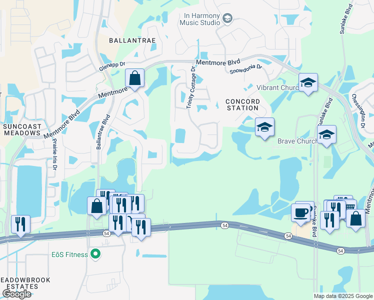 map of restaurants, bars, coffee shops, grocery stores, and more near 2915 Trinity Cottage Drive in Land O' Lakes