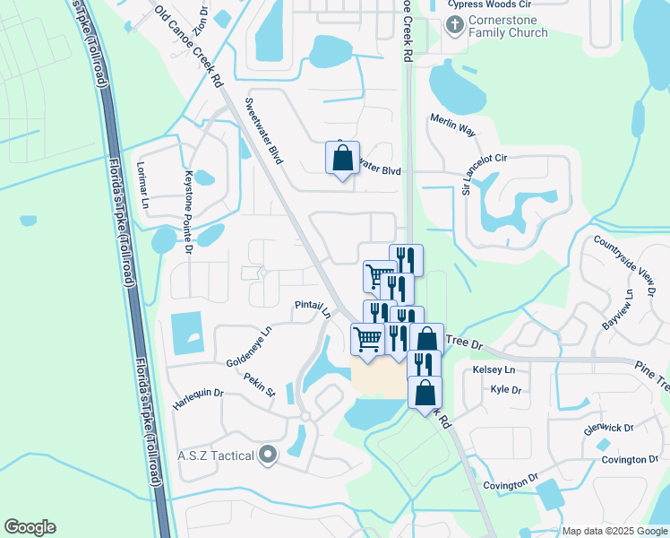 map of restaurants, bars, coffee shops, grocery stores, and more near 2601 Dolfino Court in St. Cloud