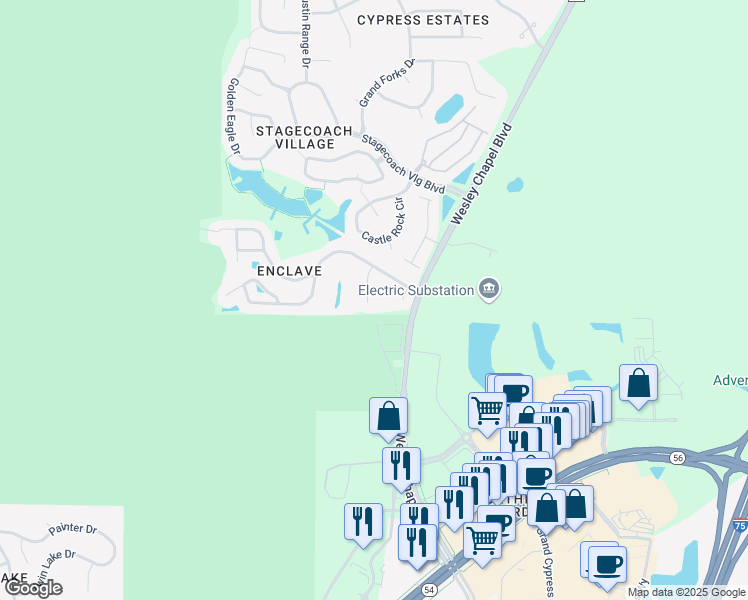 map of restaurants, bars, coffee shops, grocery stores, and more near 3020 Aernal Court in Pasco County