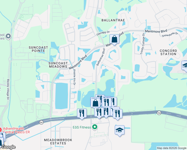 map of restaurants, bars, coffee shops, grocery stores, and more near 2938 Lochcarron Drive in Land O' Lakes