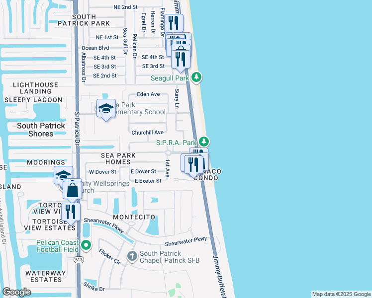 map of restaurants, bars, coffee shops, grocery stores, and more near 51 Berkeley Street in Satellite Beach
