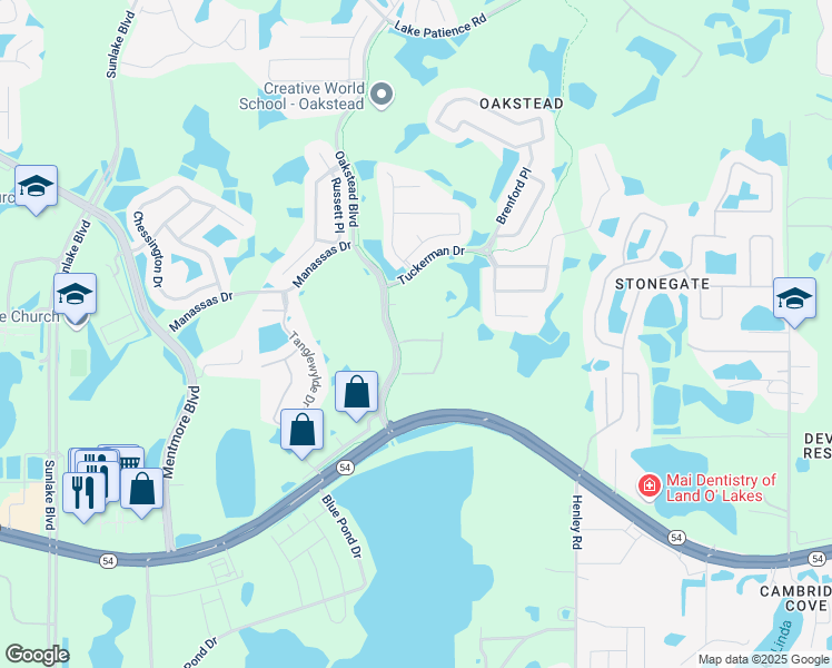 map of restaurants, bars, coffee shops, grocery stores, and more near 3038 Oakstead Boulevard in Land O' Lakes