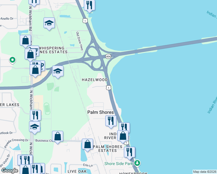 map of restaurants, bars, coffee shops, grocery stores, and more near 5600 N US 1 in Melbourne