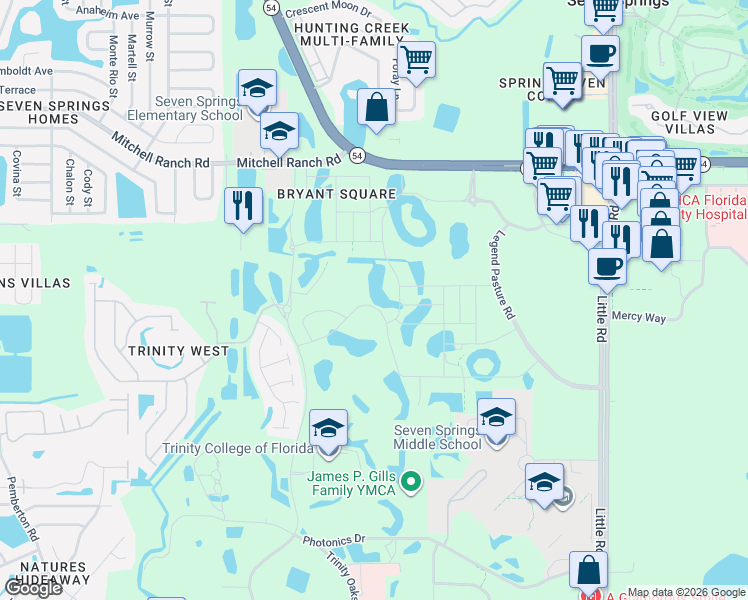 map of restaurants, bars, coffee shops, grocery stores, and more near in NEW PRT RCHY