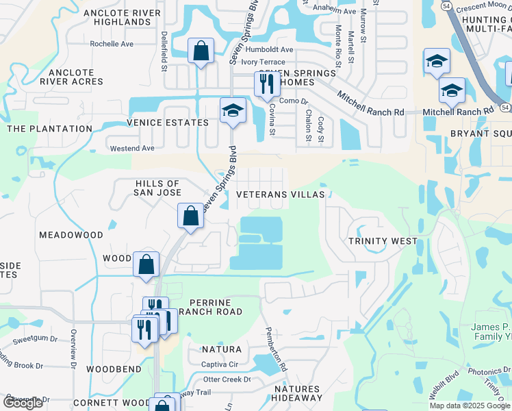 map of restaurants, bars, coffee shops, grocery stores, and more near 2849 Forrestal Court in New Port Richey