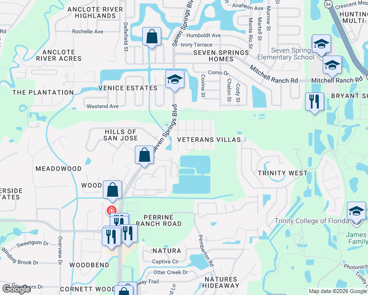 map of restaurants, bars, coffee shops, grocery stores, and more near 2917 Stillwell Court in New Port Richey