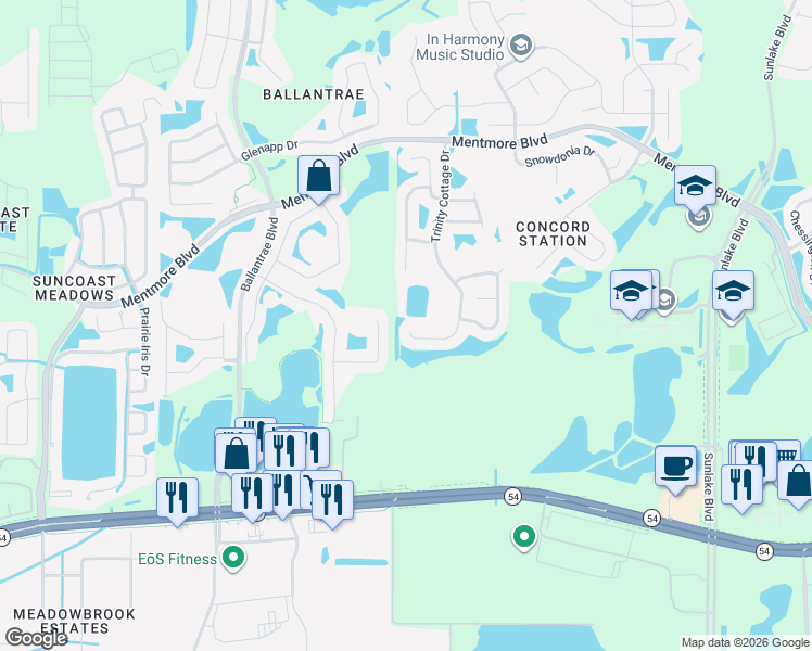 map of restaurants, bars, coffee shops, grocery stores, and more near 2845 Trinity Cottage Drive in Land O' Lakes