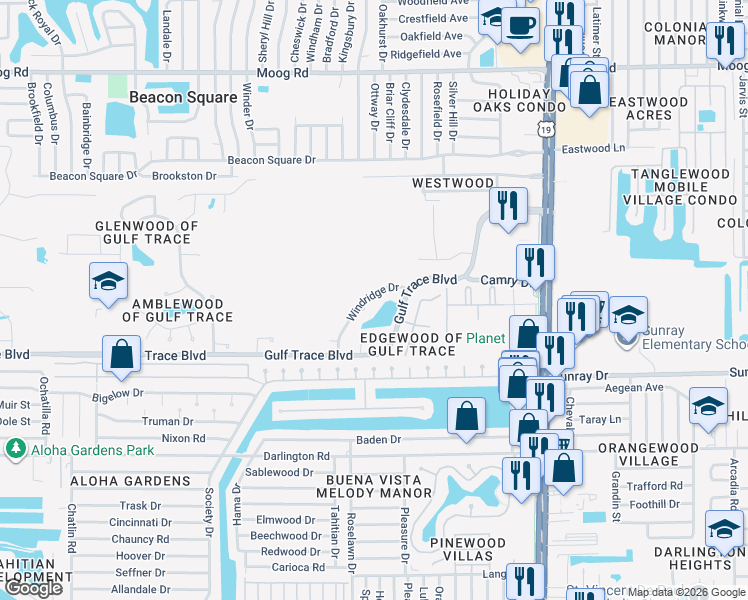 map of restaurants, bars, coffee shops, grocery stores, and more near 2906 Windridge Drive in Holiday