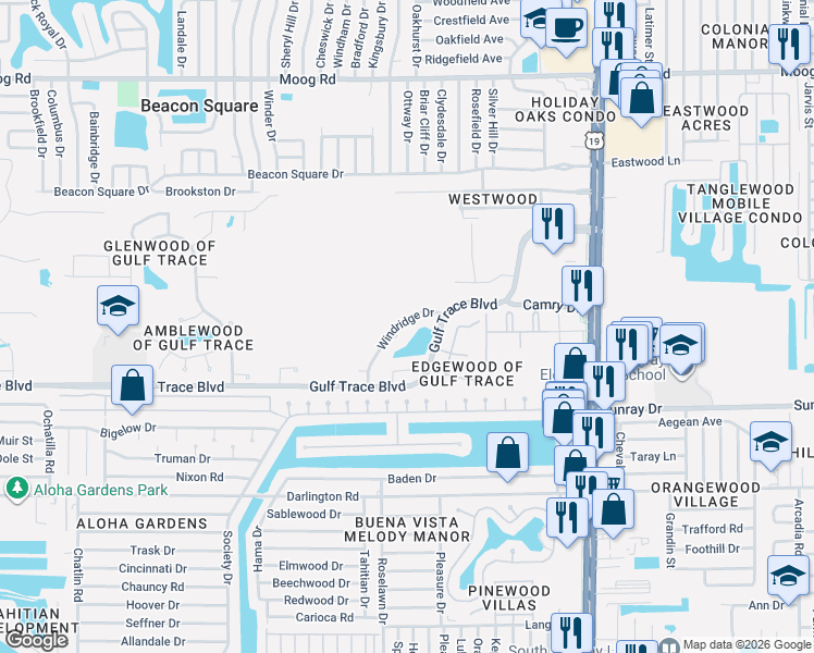 map of restaurants, bars, coffee shops, grocery stores, and more near 2913 Windridge Drive in Holiday
