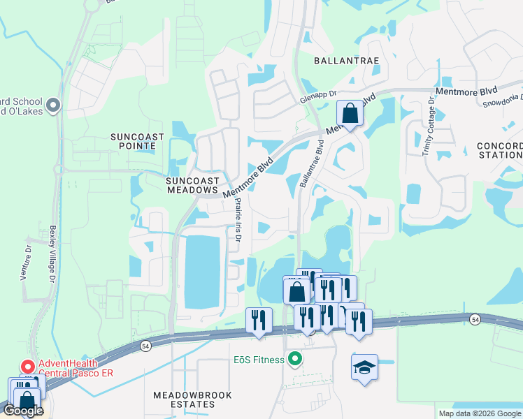 map of restaurants, bars, coffee shops, grocery stores, and more near 3014 Girvan Drive in Land O' Lakes