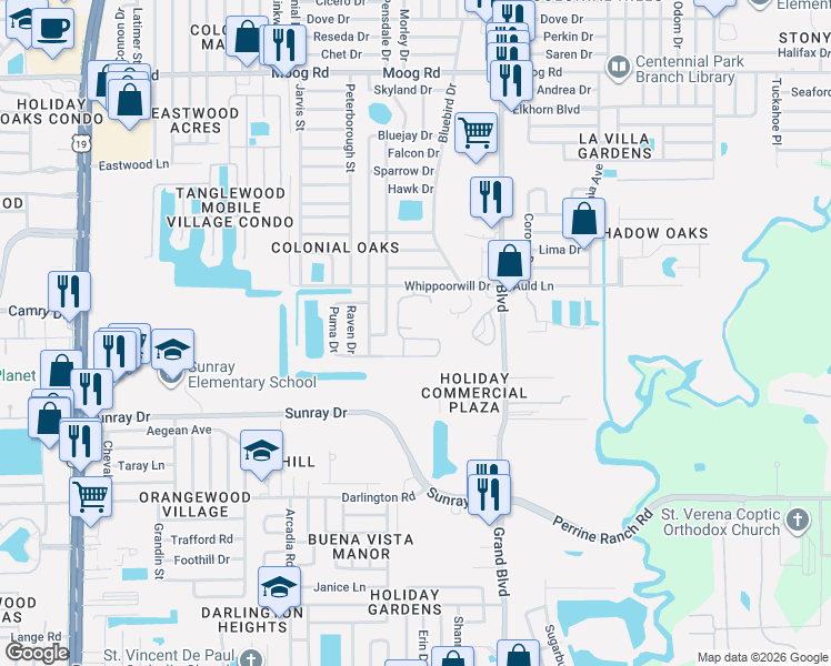 map of restaurants, bars, coffee shops, grocery stores, and more near 5210 Peacock Drive in Holiday