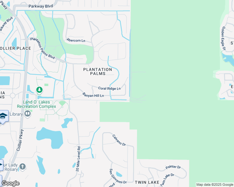 map of restaurants, bars, coffee shops, grocery stores, and more near 23850 Coral Ridge Lane in Land O' Lakes
