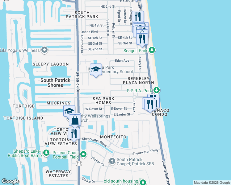 map of restaurants, bars, coffee shops, grocery stores, and more near 169 East Arlington Street in Satellite Beach