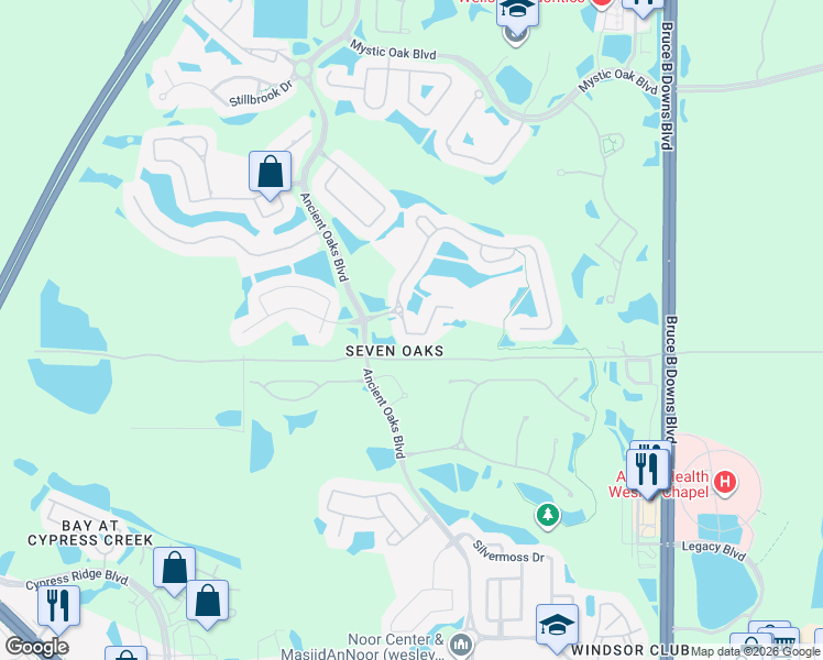 map of restaurants, bars, coffee shops, grocery stores, and more near 27311 Mistflower Drive in Wesley Chapel