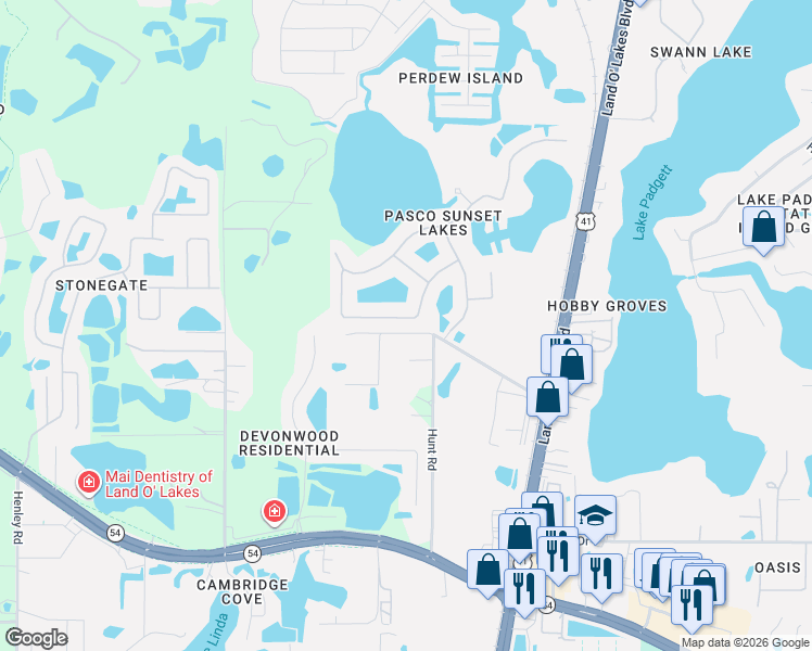 map of restaurants, bars, coffee shops, grocery stores, and more near 20820 Broadwater Drive in Land O' Lakes
