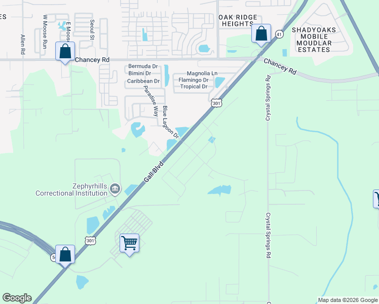 map of restaurants, bars, coffee shops, grocery stores, and more near 3113 Blue Lagoon Drive in Zephyrhills
