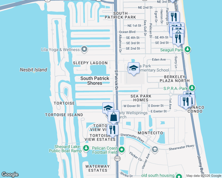map of restaurants, bars, coffee shops, grocery stores, and more near 400 Port Royal Boulevard in Satellite Beach
