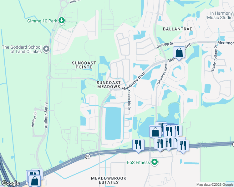 map of restaurants, bars, coffee shops, grocery stores, and more near 17227 Whisper Breeze Way in Land O' Lakes