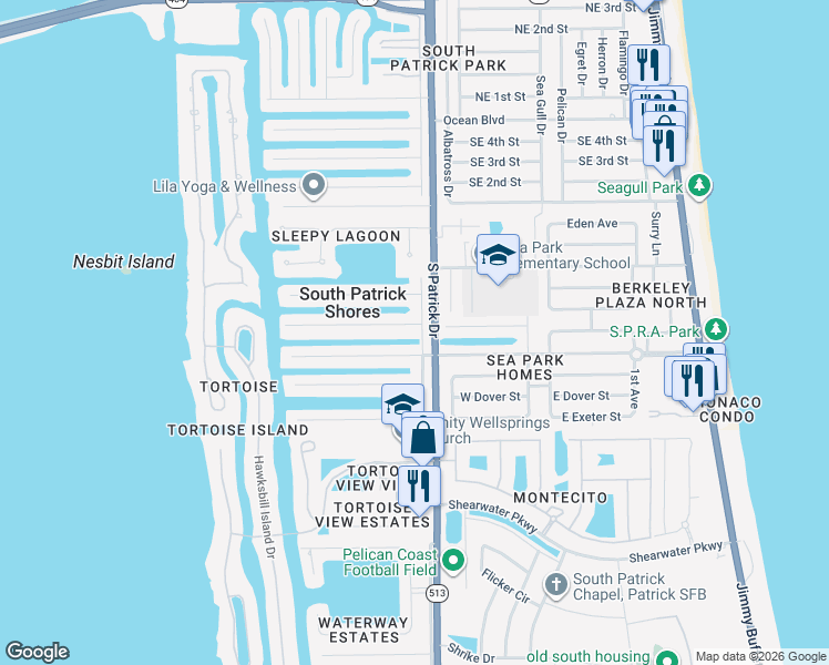 map of restaurants, bars, coffee shops, grocery stores, and more near 400 Port Royal Boulevard in Satellite Beach