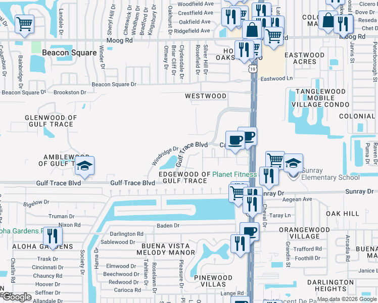 map of restaurants, bars, coffee shops, grocery stores, and more near 2909 Featherstone Drive in Holiday
