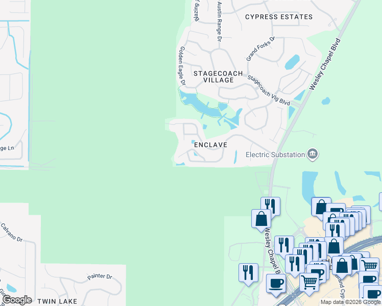 map of restaurants, bars, coffee shops, grocery stores, and more near 24801 Hyde Park Boulevard in Pasco County