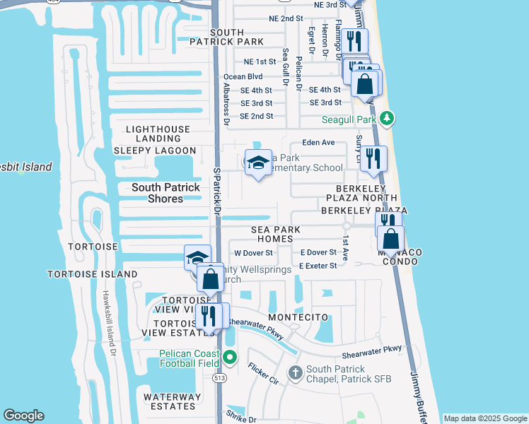 map of restaurants, bars, coffee shops, grocery stores, and more near 316 West Arlington Street in Satellite Beach