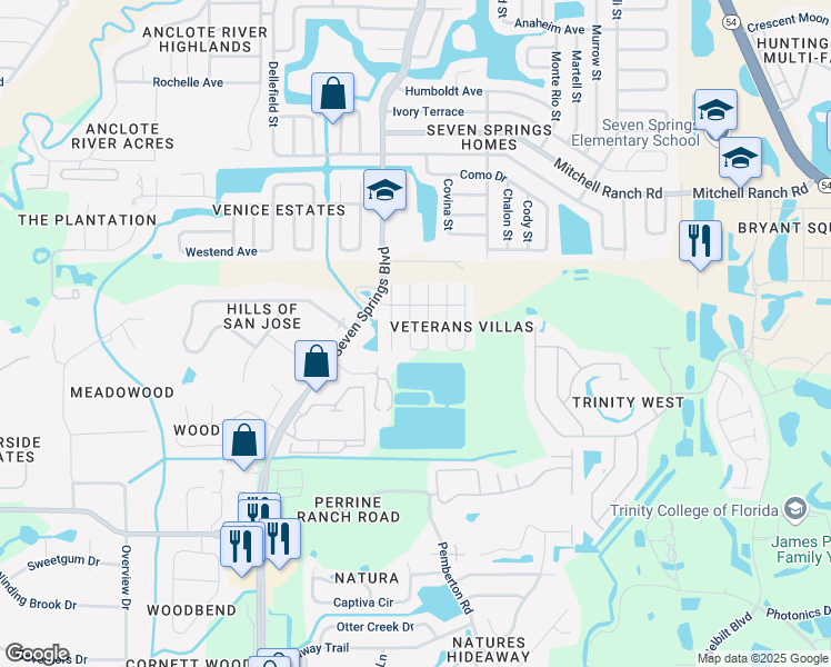 map of restaurants, bars, coffee shops, grocery stores, and more near 2917 Stillwell Court in New Port Richey