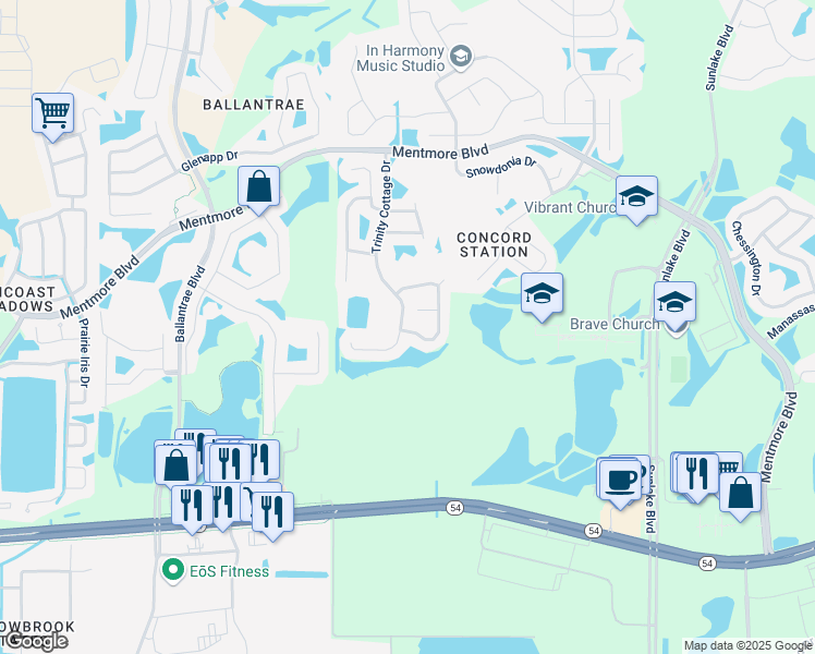 map of restaurants, bars, coffee shops, grocery stores, and more near 3014 Trinity Cottage Drive in Land O' Lakes