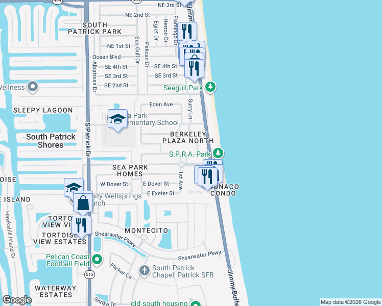 map of restaurants, bars, coffee shops, grocery stores, and more near 176 Christine Drive in Satellite Beach