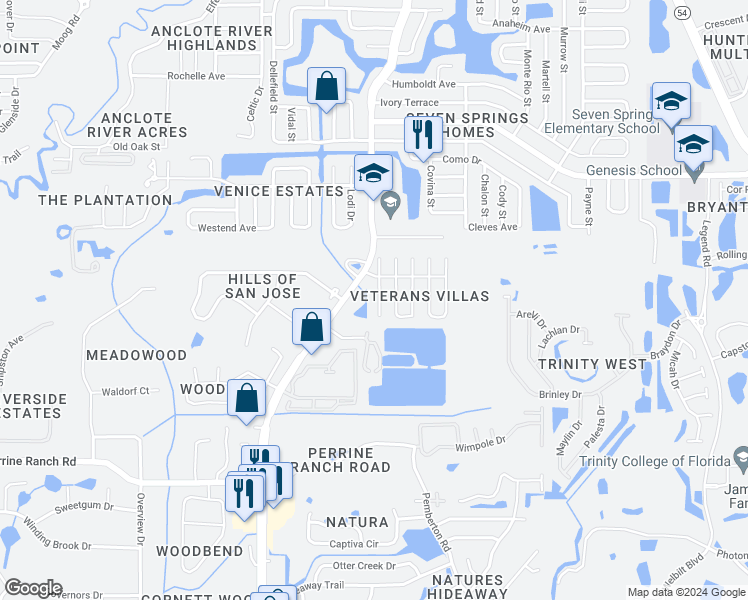 map of restaurants, bars, coffee shops, grocery stores, and more near 2913 Bradley Court in New Port Richey