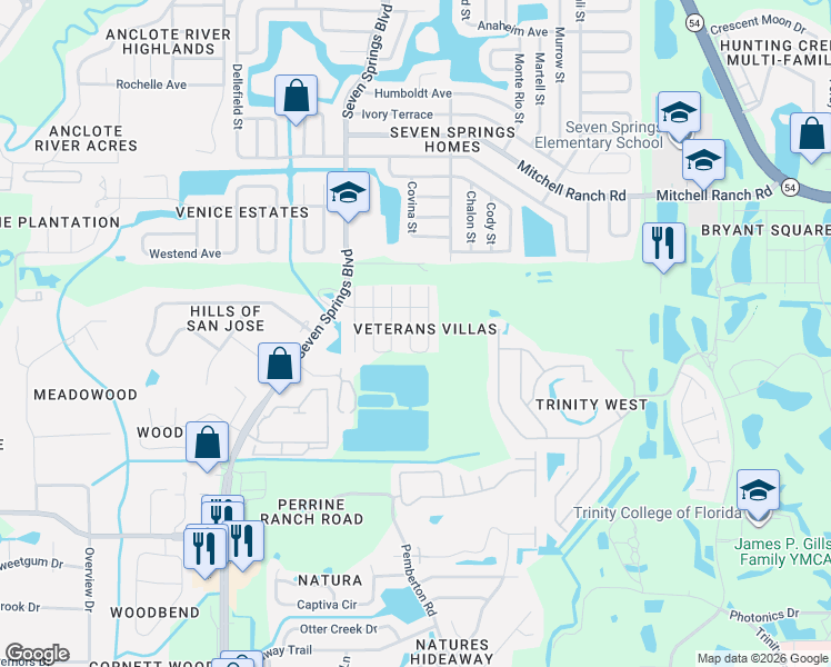 map of restaurants, bars, coffee shops, grocery stores, and more near 2917 Wainwright Court in New Port Richey