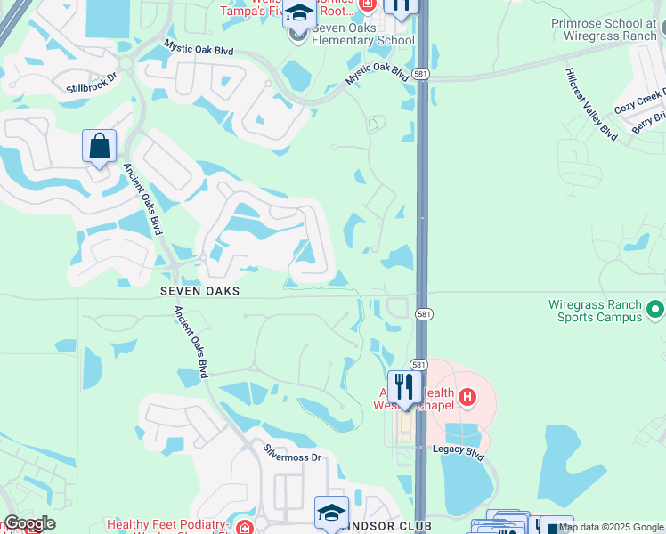 map of restaurants, bars, coffee shops, grocery stores, and more near 3052 Sunwatch Drive in Wesley Chapel