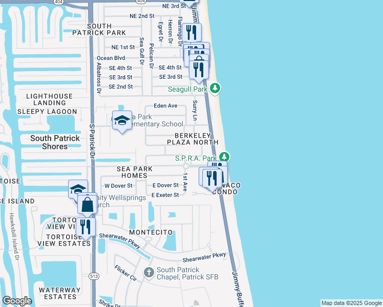 map of restaurants, bars, coffee shops, grocery stores, and more near 192 Christine Drive in Satellite Beach