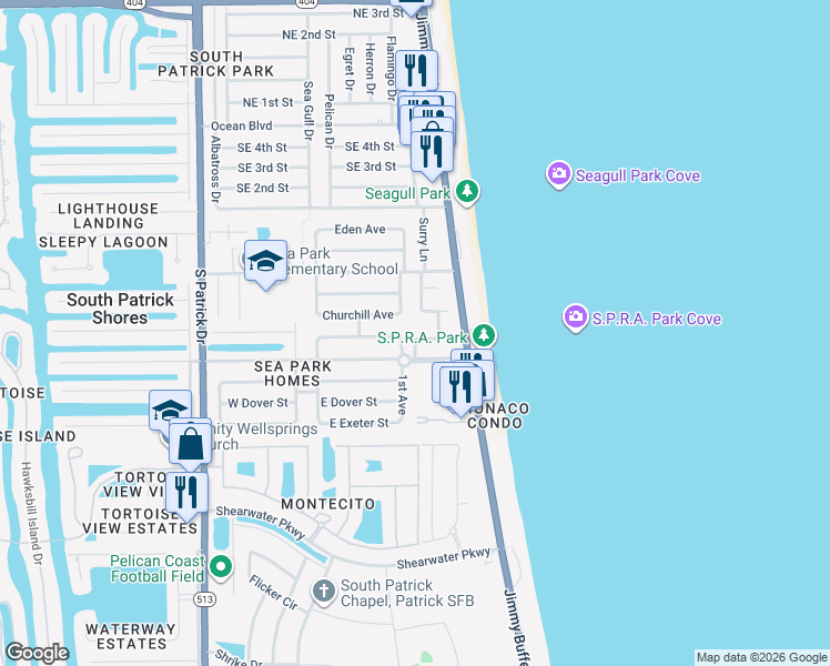 map of restaurants, bars, coffee shops, grocery stores, and more near 196 Christine Drive in Satellite Beach