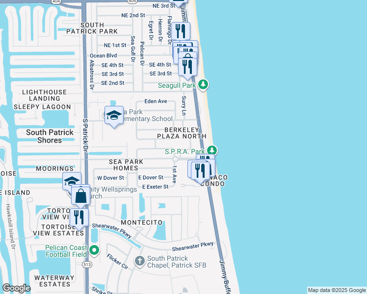 map of restaurants, bars, coffee shops, grocery stores, and more near 180 Christine Drive in Satellite Beach