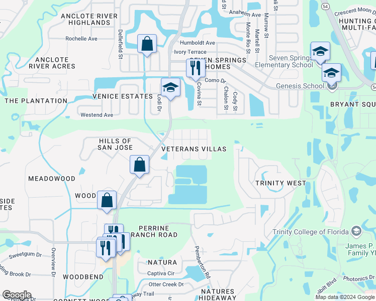 map of restaurants, bars, coffee shops, grocery stores, and more near 2917 Wainwright Court in New Port Richey