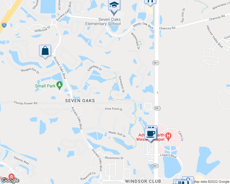 map of restaurants, bars, coffee shops, grocery stores, and more near 3009 Sunwatch Drive in Wesley Chapel